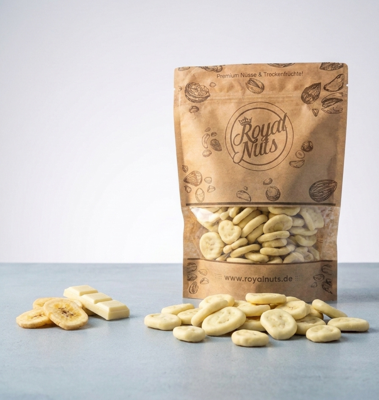 Bananenchips mit weißer Schokolade