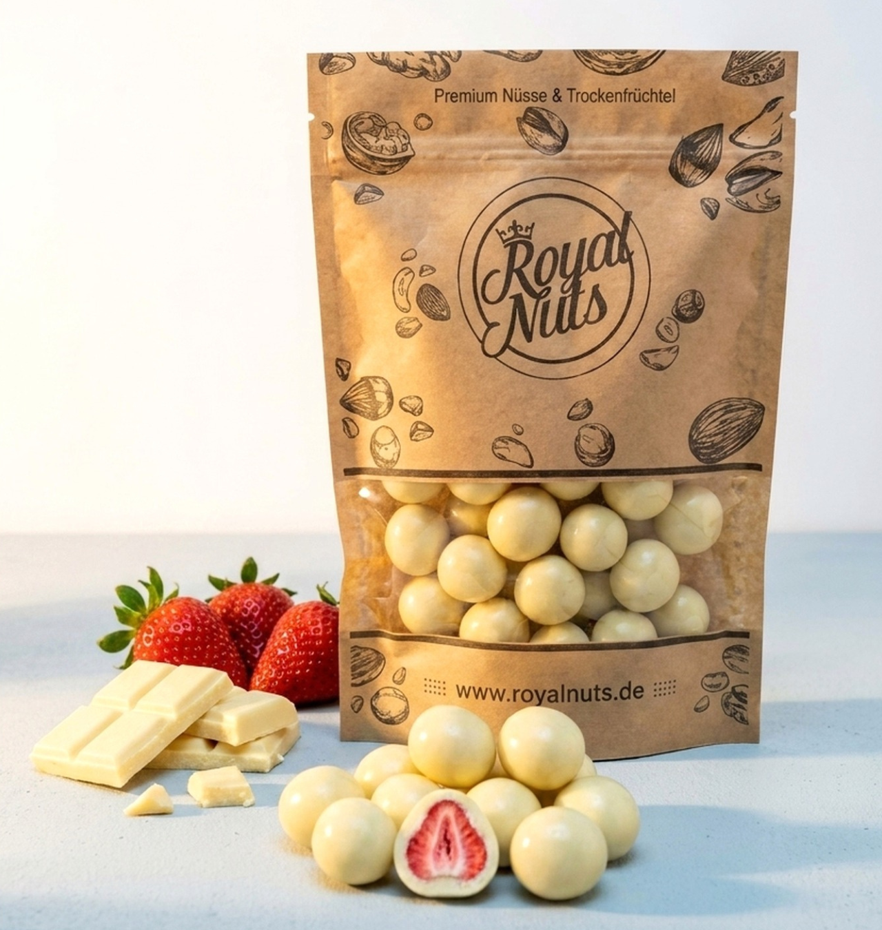 Gefriergetrocknete Erdbeeren mit weißer Schokolade